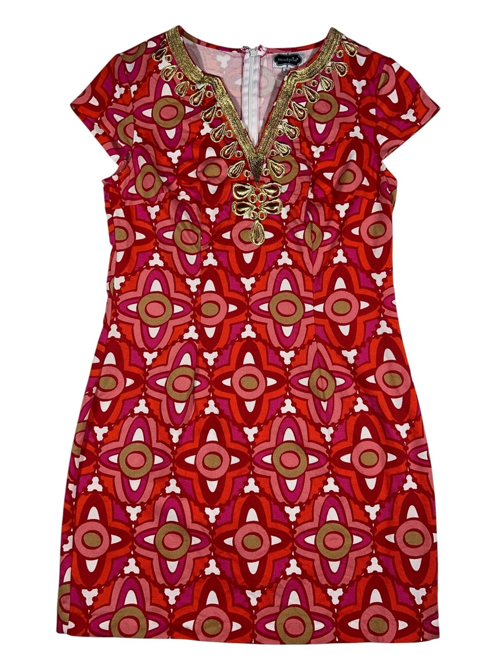 MUD PIE JACKIE GEOMETRIC print SHEATH DRESS pink orange gold metallic v-neck S